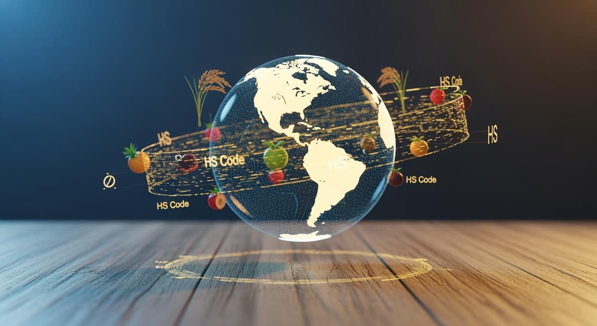 Bản đồ thương mại nông sản toàn cầu kết nối bằng các luồng dữ liệu mã HS Code kỹ thuật số.