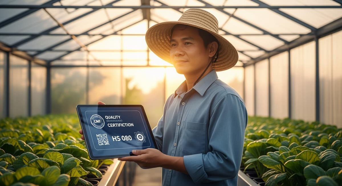 Nông dân hiện đại kiểm tra tiêu chuẩn GlobalGAP trên máy tính bảng tại trang trại thông minh.