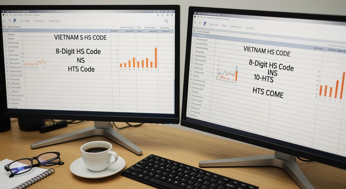 So sánh biểu thuế HS và HTS trên màn hình máy tính tại văn phòng logistics chuyên nghiệp.