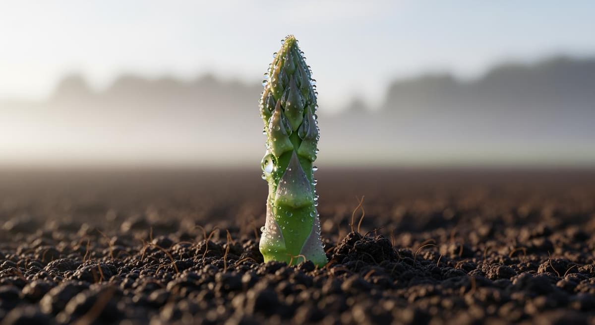 Cận cảnh mầm măng tây đơn độc vươn lên từ lớp đất mùn tơi xốp trong sương sớm
