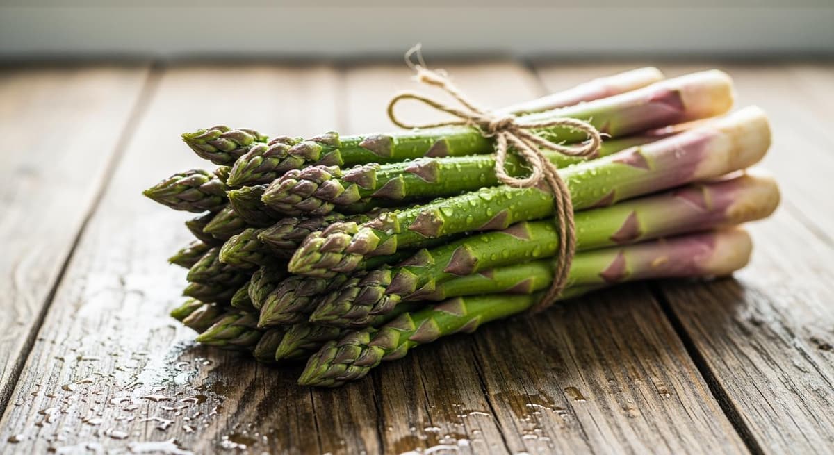 Bó măng tây vừa thu hoạch còn đọng nước trên mặt bàn gỗ mộc mạc