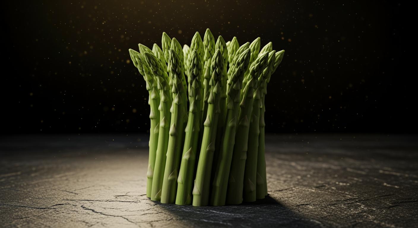 Măng tây xanh tươi được sắp xếp nghệ thuật như một vương miện hoàng gia trên nền đá đen sang trọng
