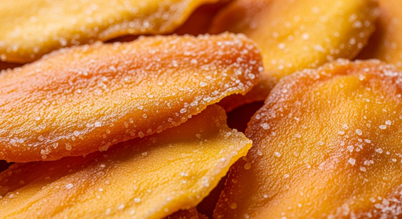 Cận cảnh lát xoài sấy dẻo bóng mượt nhờ kỹ thuật phối trộn đường phèn chuẩn xác.