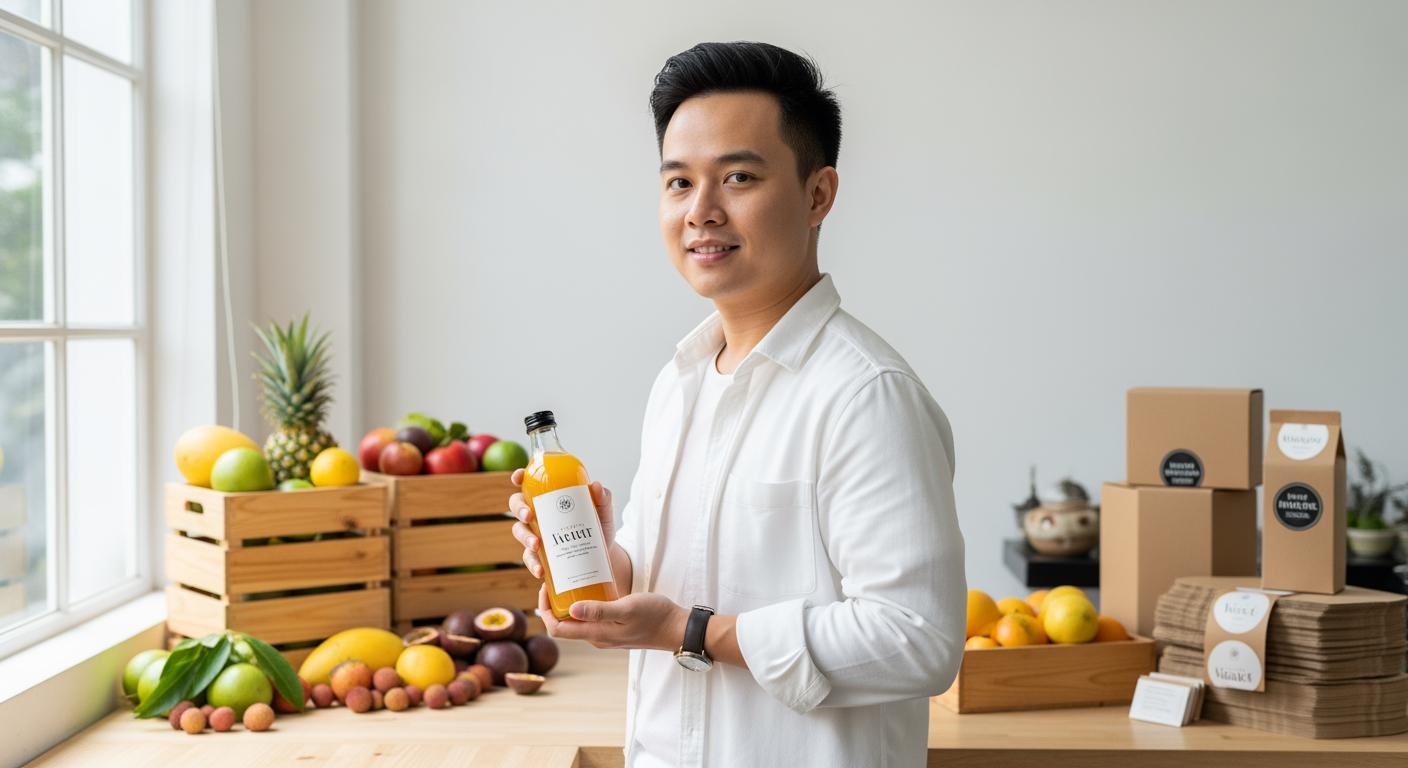 Chân dung thanh niên khởi nghiệp nông nghiệp bên cạnh các sản phẩm nước trái cây sử dụng chất tạo ngọt tự nhiên.