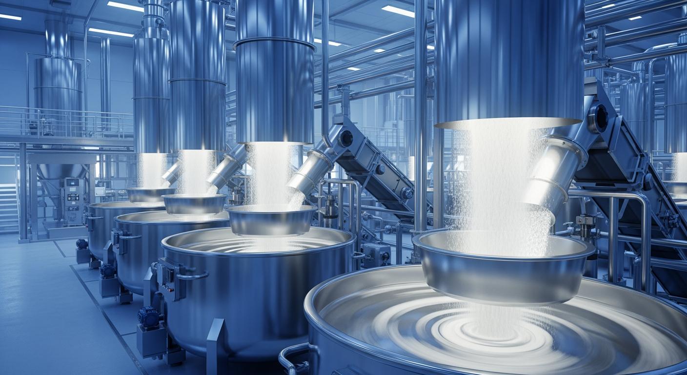 Dây chuyền sản xuất thực phẩm công nghiệp hiện đại sử dụng đường tinh luyện quy mô lớn.