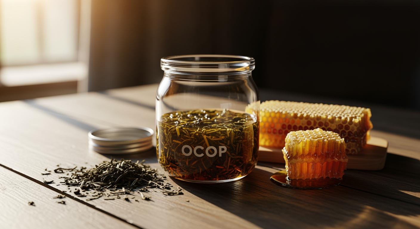 Sản phẩm nông sản OCOP cao cấp kết hợp với mật ong tự nhiên trong bao bì thủy tinh sang trọng.