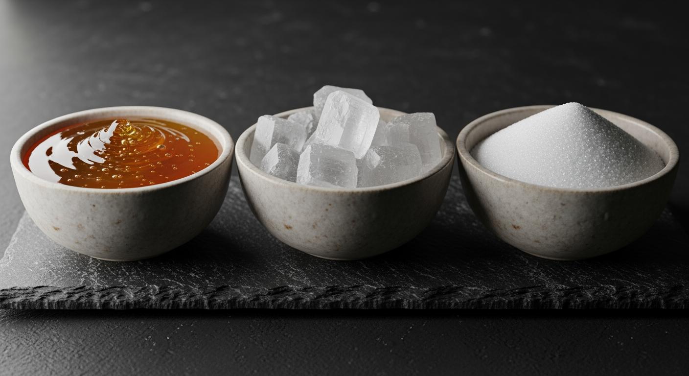 So sánh kết cấu và màu sắc của mật ong rừng, đường phèn kim cương và đường tinh luyện trắng mịn.