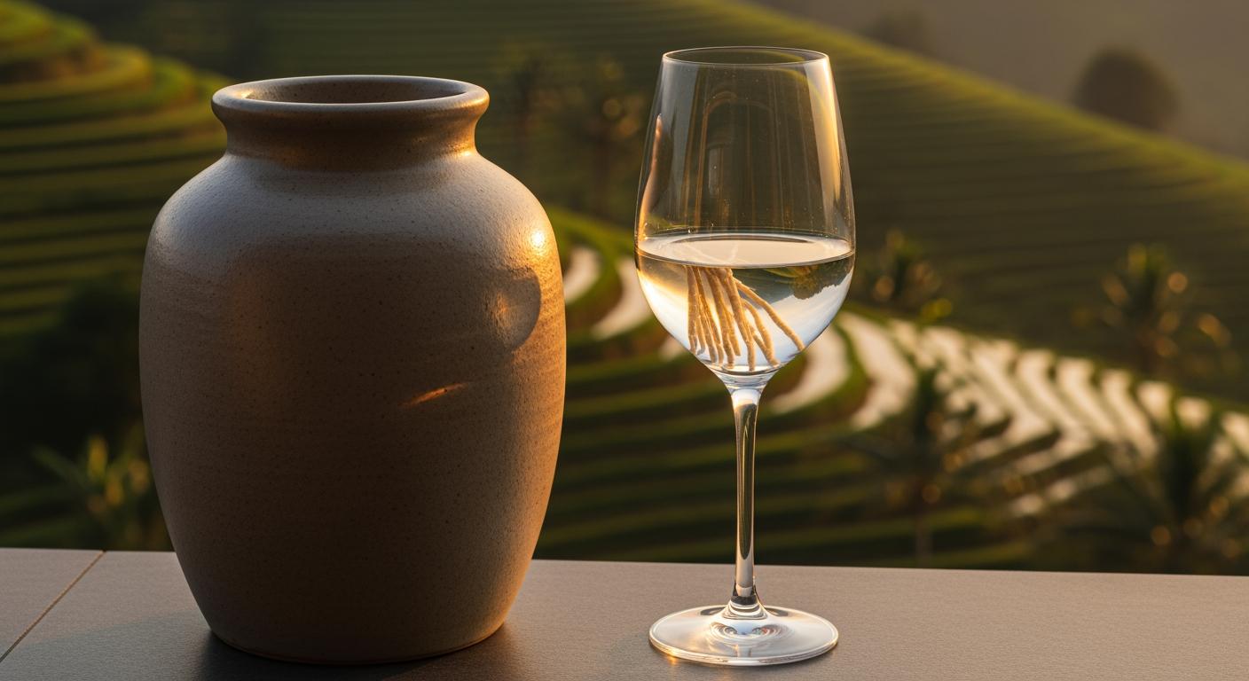 Bình rượu gốm truyền thống đặt trong không gian Farmstay cao cấp, biểu trưng cho giá trị thương hiệu OCOP.