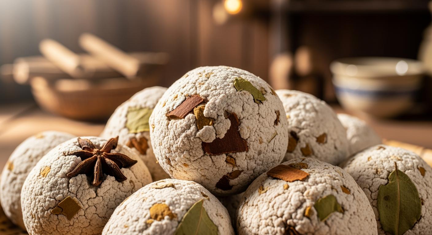 Cận cảnh kết cấu của viên men thuốc bắc truyền thống với các sợi thảo mộc tự nhiên.