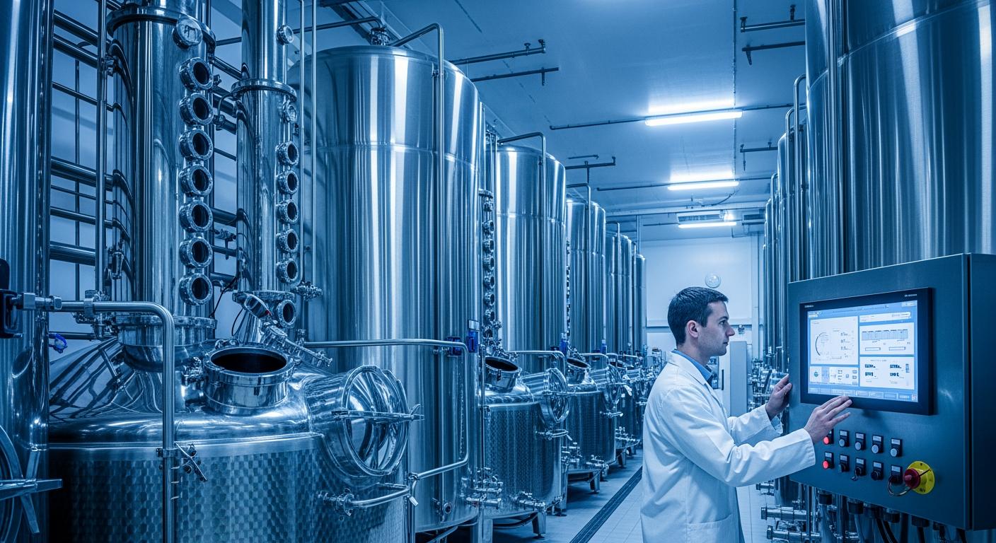 Hệ thống bồn lên men bằng inox thực phẩm hiện đại trong nhà máy sản xuất rượu quy mô lớn.