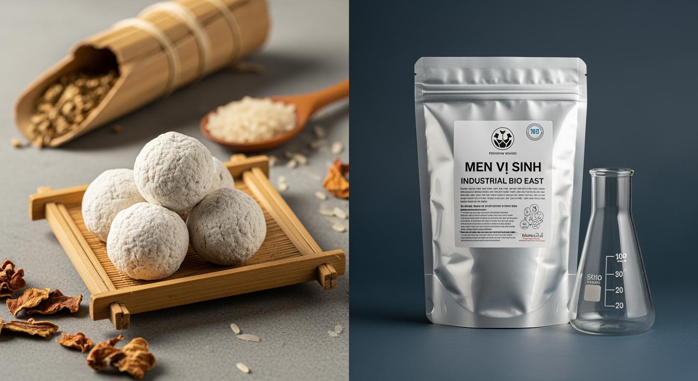 Sự đối lập giữa men thuốc bắc truyền thống và men vi sinh hiện đại trên bàn làm việc của một startup nông nghiệp.