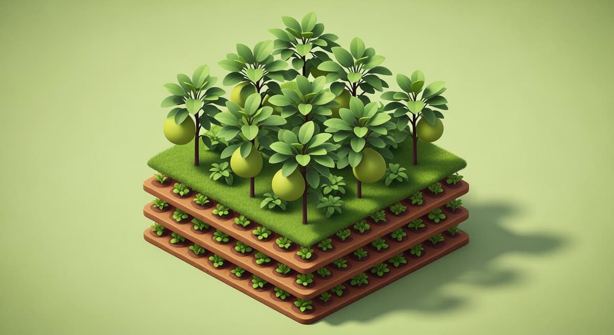 Sơ đồ tổng quan mô hình trồng xen canh bưởi da xanh với các tầng cây thấp