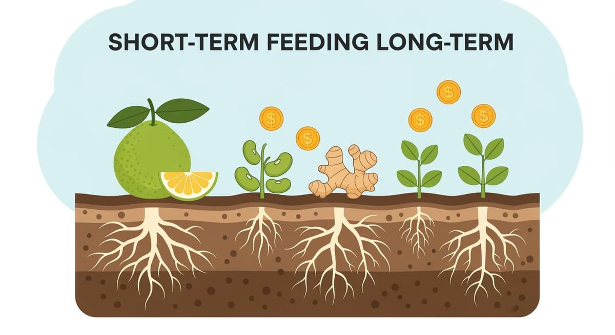 Minh họa lợi ích kinh tế 'lấy ngắn nuôi dài' và khả năng giữ ẩm đất của cây xen canh