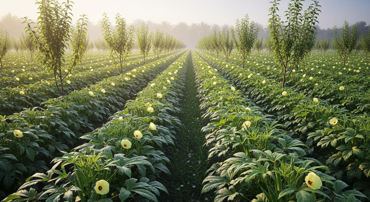 Cận cảnh cánh đồng đậu bắp xen canh tươi tốt trong ánh bình minh, biểu tượng của hiệu quả kinh tế nông nghiệp.