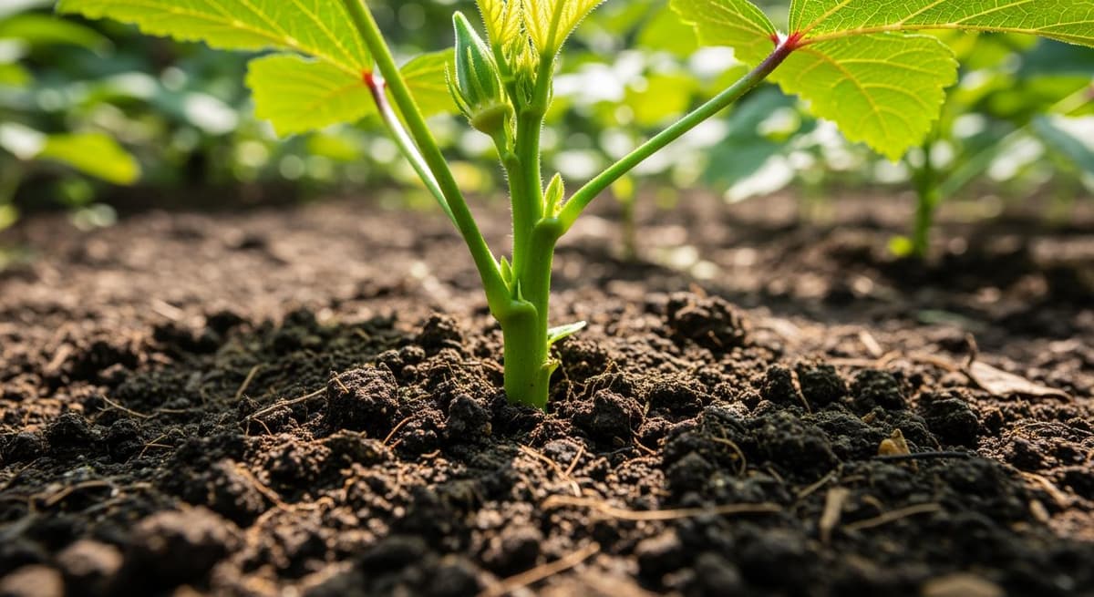 Cận cảnh bộ rễ và gốc cây đậu bắp trên nền đất ẩm, minh họa khả năng chịu hạn và không cạnh tranh dinh dưỡng.