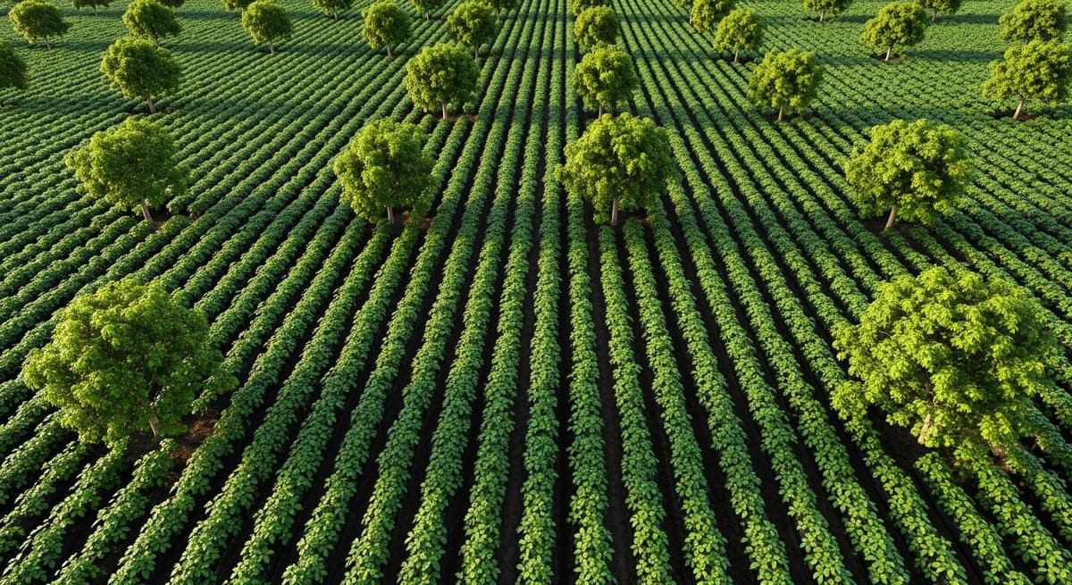 Góc nhìn từ trên cao mô phỏng sơ đồ bố trí mật độ cây đậu bắp xen canh giữa các hàng cây ăn quả một cách khoa học.