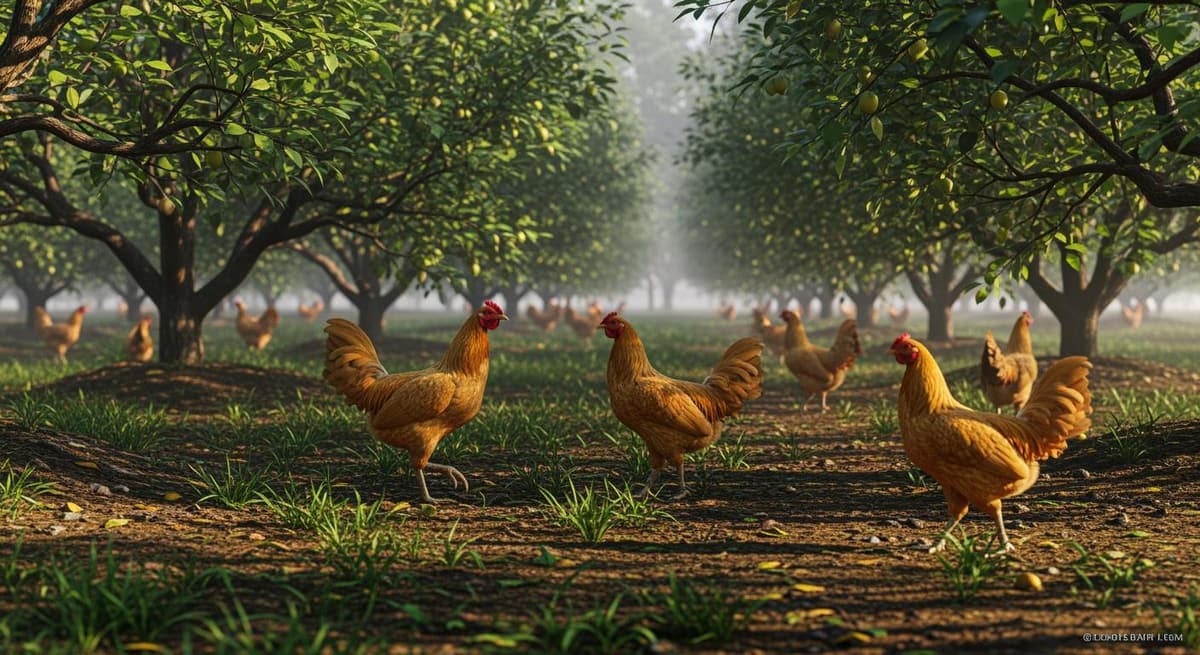 Đàn gà Ri thả vườn tự nhiên trong trang trại nông nghiệp hữu cơ bền vững