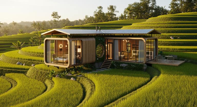 Mẫu nhà lắp ghép hiện đại trên sườn đồi xanh mướt trong mô hình kinh doanh Farmstay bền vững
