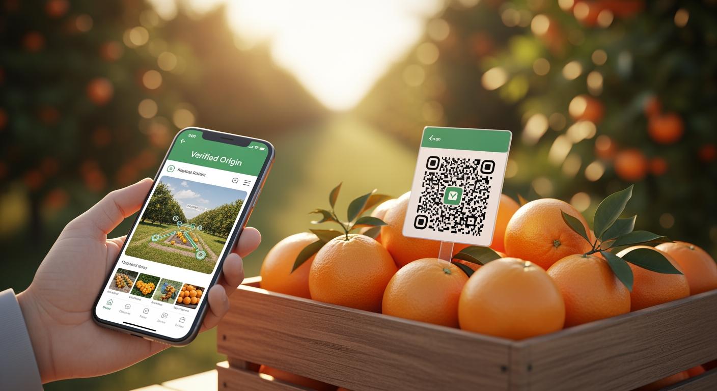 Người tiêu dùng dùng điện thoại quét mã QR truy xuất nguồn gốc tại cánh đồng cam.