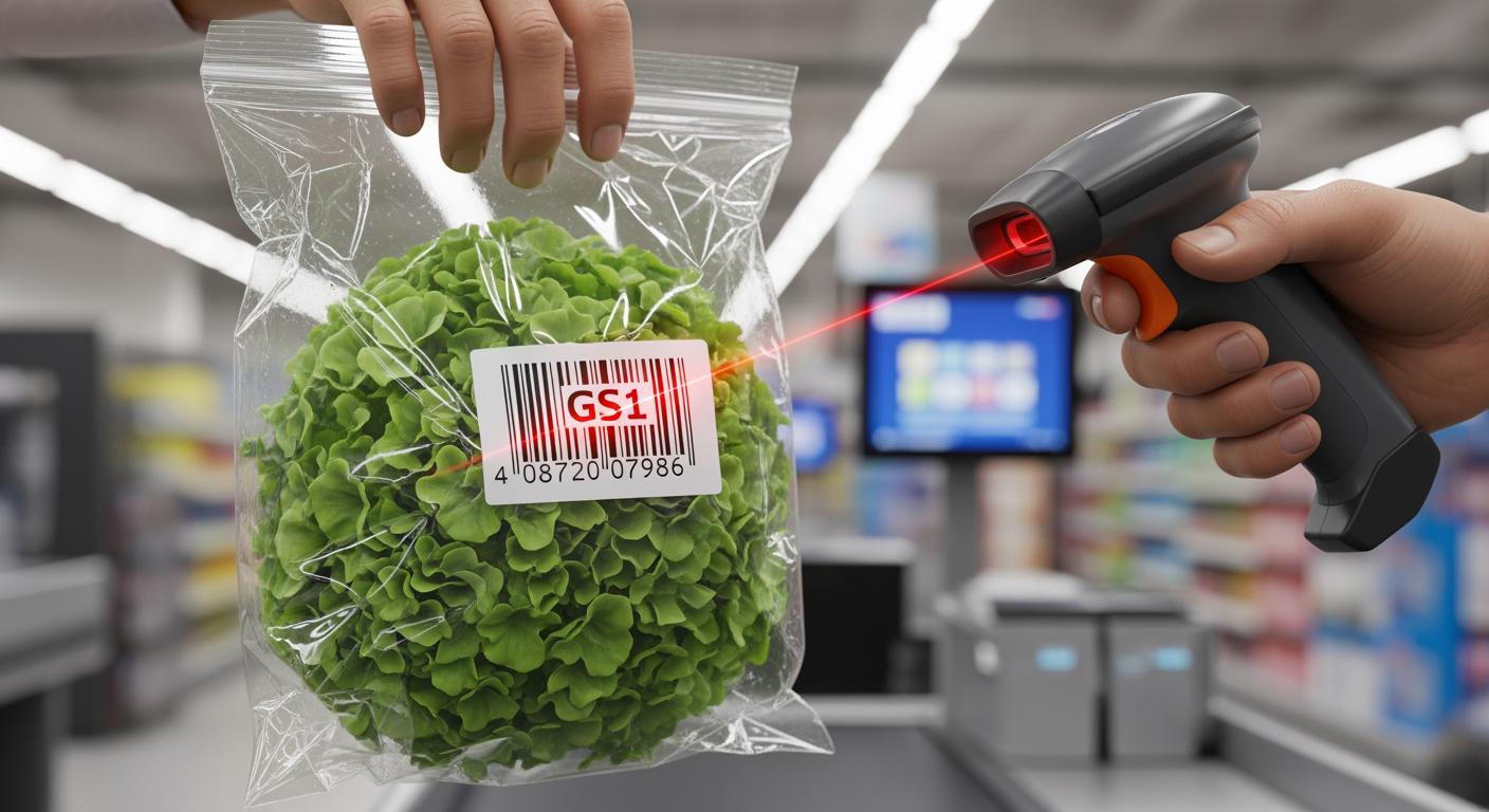 Quét mã vạch GS1 tại quầy thu ngân siêu thị hiện đại để thanh toán nông sản.