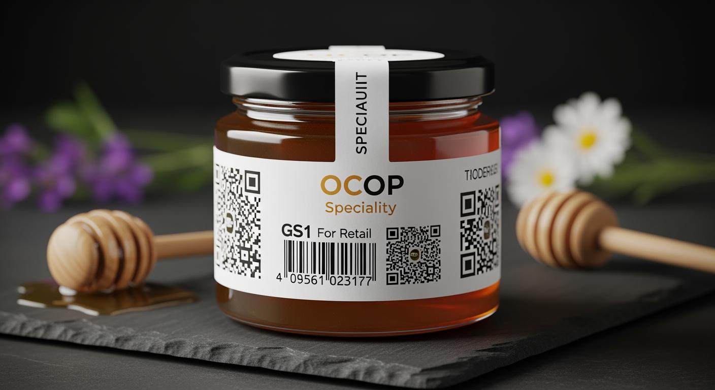 Sản phẩm OCOP cao cấp dán cả mã vạch GS1 và mã QR để khẳng định uy tín thương hiệu.