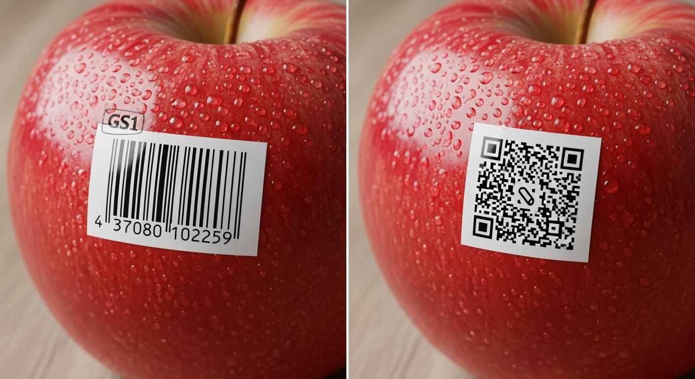 Sự khác biệt trực quan giữa mã vạch GS1 truyền thống và mã QR hiện đại trên bao bì nông sản sạch.