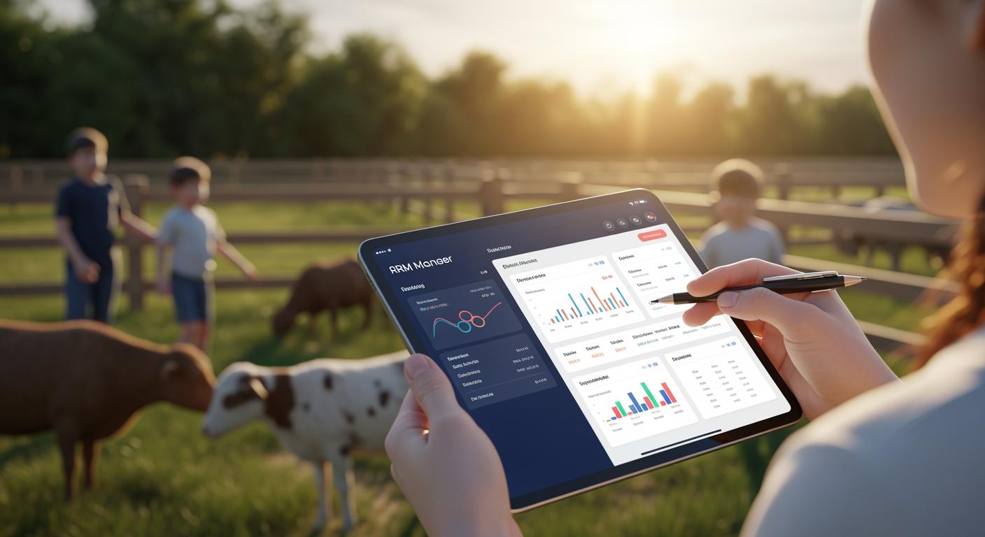 Giao diện phần mềm CRM hiện đại hiển thị dữ liệu quản lý nông trại giáo dục trên máy tính bảng