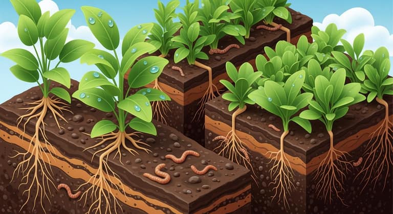 Minh họa 3D hệ sinh thái nông nghiệp hữu cơ với đất phân trùn quế màu mỡ và cây trồng xanh tốt