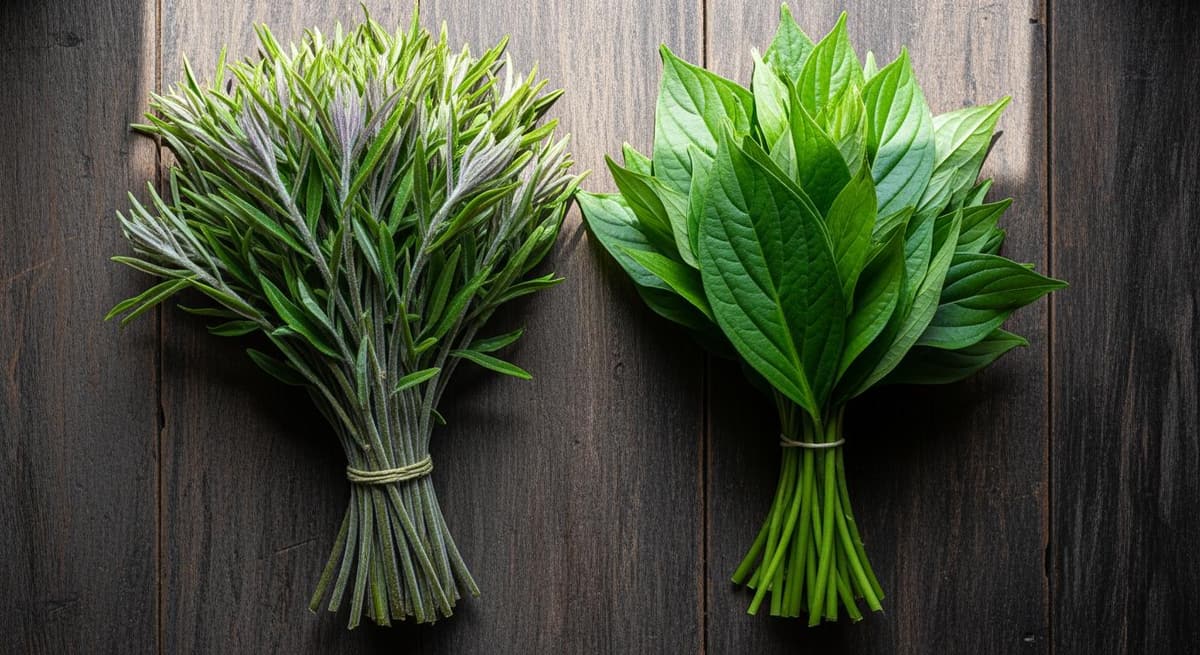 So sánh hình thái lá rau bò khai và rau sắng rừng trên nền gỗ mộc mạc.