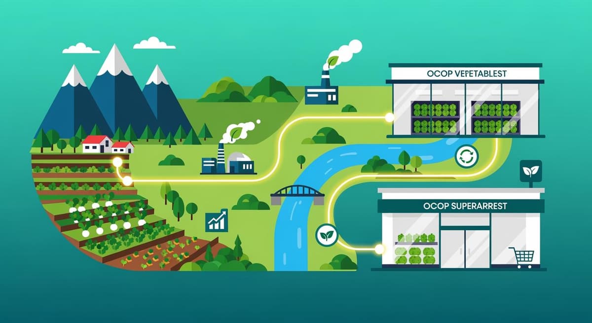 Minh họa mô hình kinh tế OCOP kết nối nông sản vùng cao với thị trường hiện đại.