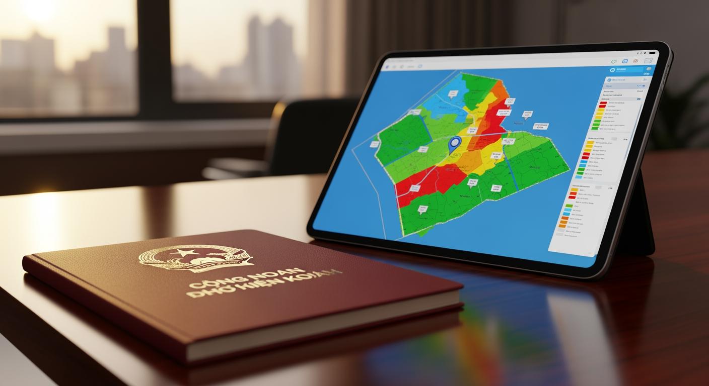 Cận cảnh sổ đỏ và bản đồ quy hoạch kỹ thuật số trên máy tính bảng, thể hiện sự minh bạch pháp lý.