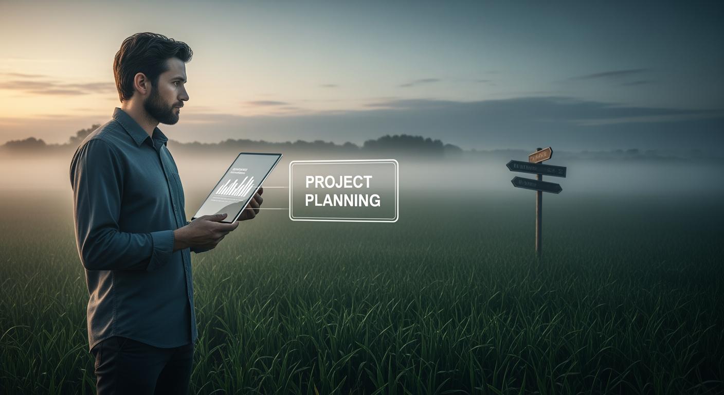 Nhà đầu tư đứng trước khu đất trống, suy ngẫm về rủi ro quy hoạch treo và tiềm năng dự án.