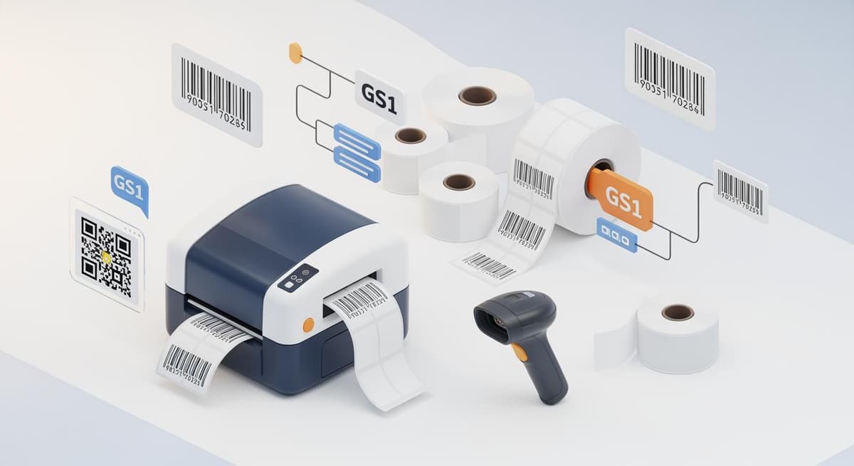 Minh họa quy trình in mã vạch chuẩn 2024 với máy in công nghiệp và nhãn decal