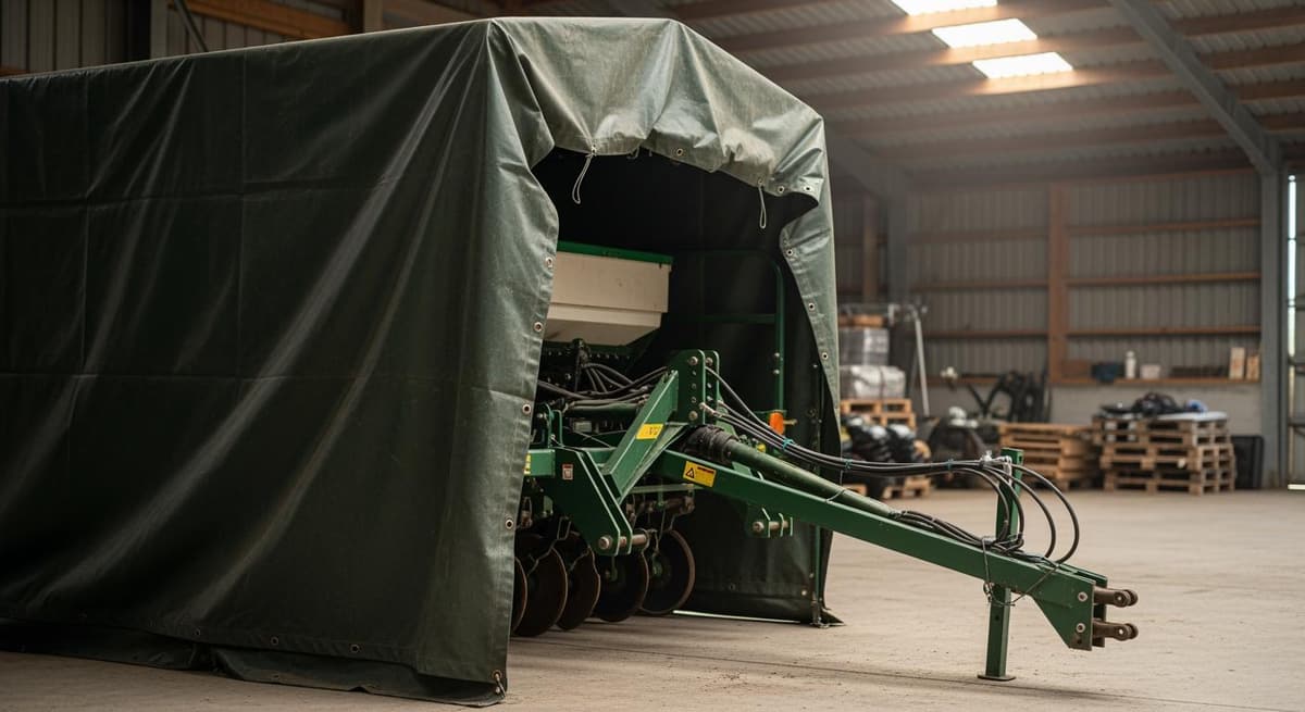 Máy gieo hạt được bảo quản an toàn trong kho với bạt che chuyên dụng