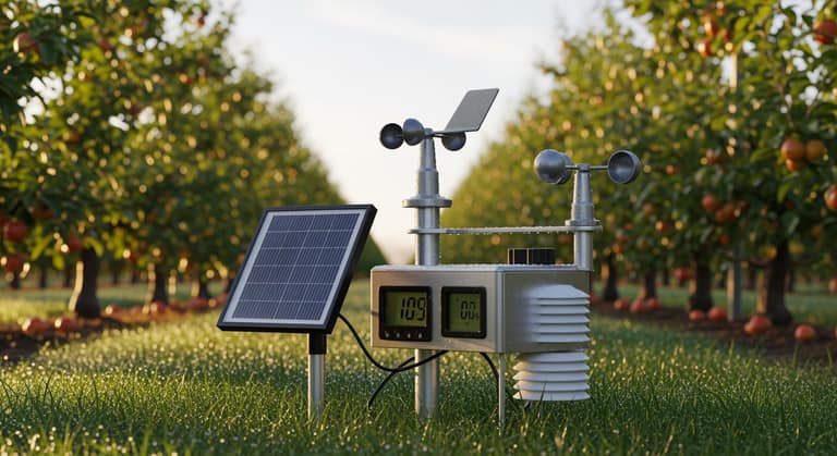 Trạm thời tiết nông nghiệp hiện đại lắp đặt tại vườn cây xanh mướt dưới ánh nắng mặt trời