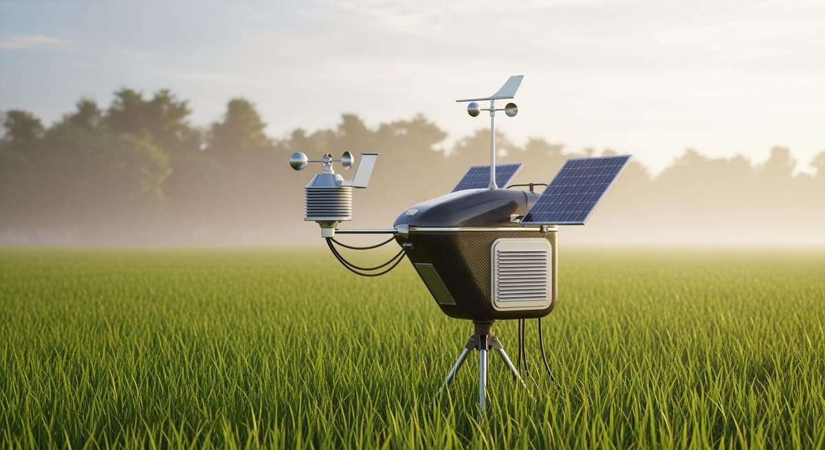 Trạm thời tiết nông nghiệp thông minh đứng vững giữa cánh đồng lúa xanh mướt dưới ánh nắng vàng, biểu tượng của sự đầu tư công nghệ hiệu quả.