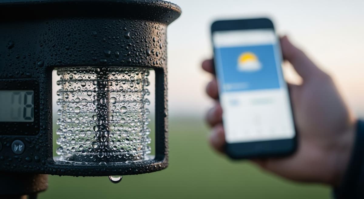 Cận cảnh cảm biến đo mưa và độ ẩm của trạm khí tượng với những giọt sương tinh khiết, đối lập với màn hình điện thoại mờ ảo ở phía sau.