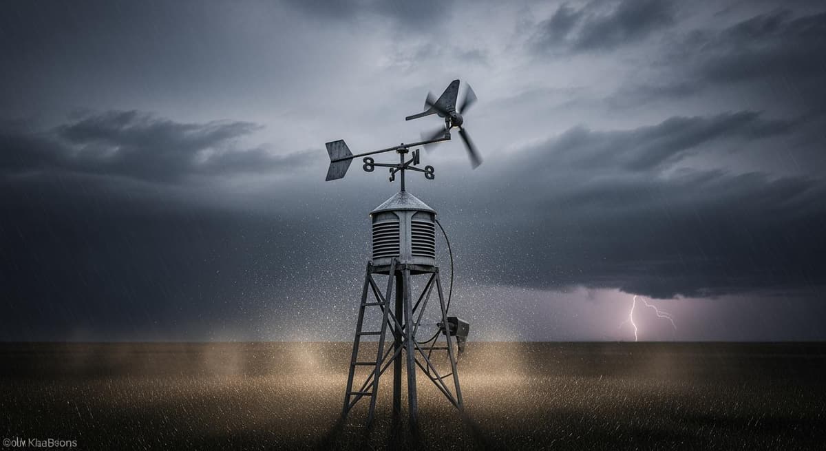 Trạm thời tiết đóng vai trò vệ sĩ trong bão, với bầu trời mây đen kịt và gió lớn, thể hiện khả năng cảnh báo sớm bảo vệ vườn tược.