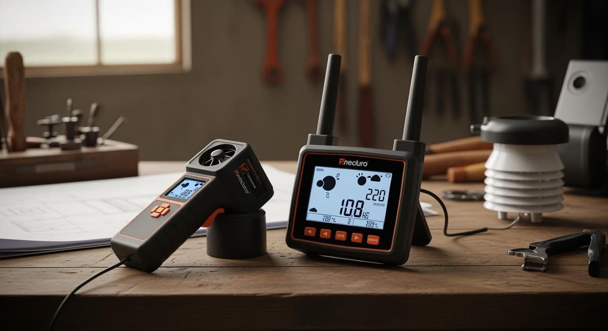 So sánh thiết bị đo thời tiết cầm tay và trạm cố định trên bàn gỗ của một Startup nông nghiệp, thể hiện sự chuyên nghiệp và bền bỉ.