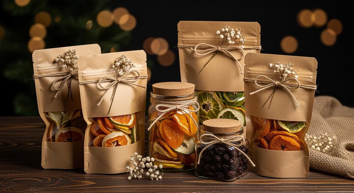Mẫu đóng gói trái cây sấy dẻo quà Tết 2026 bằng bao bì thân thiện môi trường
