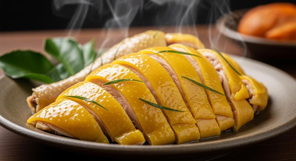 Cận cảnh chất lượng thịt gà Ri luộc với lớp da vàng óng, săn chắc