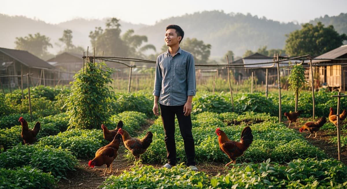 Thanh niên khởi nghiệp nông nghiệp bên mô hình nuôi gà Đông Tảo quy mô nhỏ