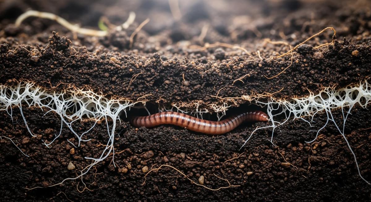 Cận cảnh hệ vi sinh vật và giun đất trong tầng đất được bảo vệ bởi việc cắt cỏ cơ học