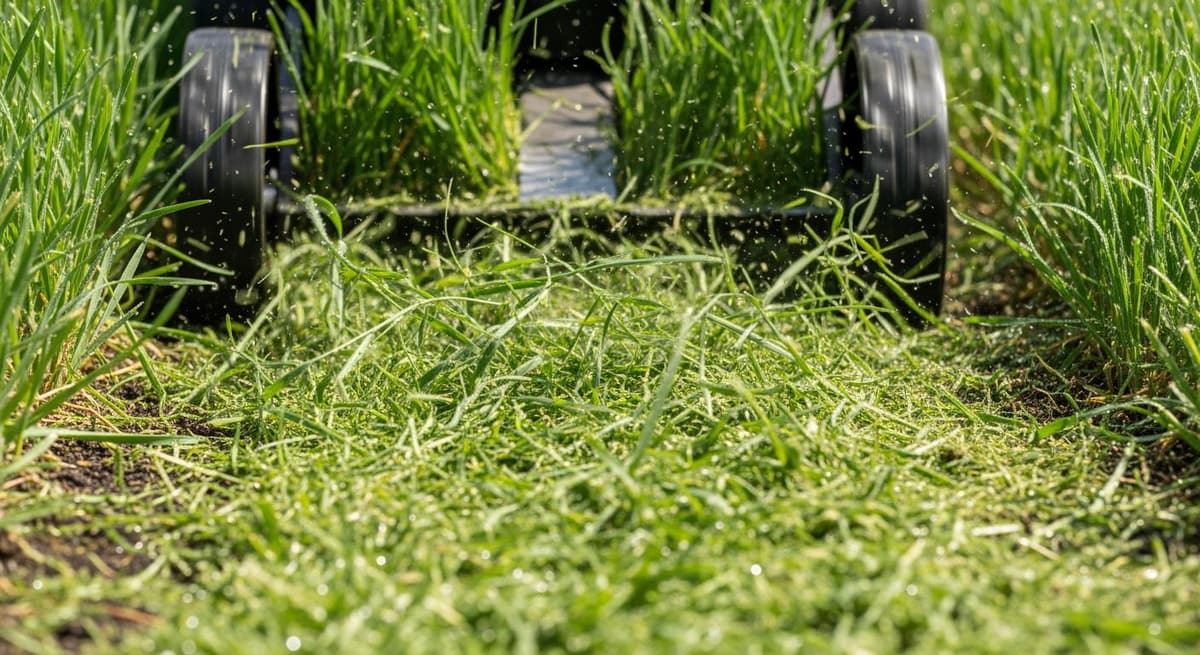 Máy cắt cỏ đang tạo ra lớp phân xanh hữu cơ từ thân cỏ vụn