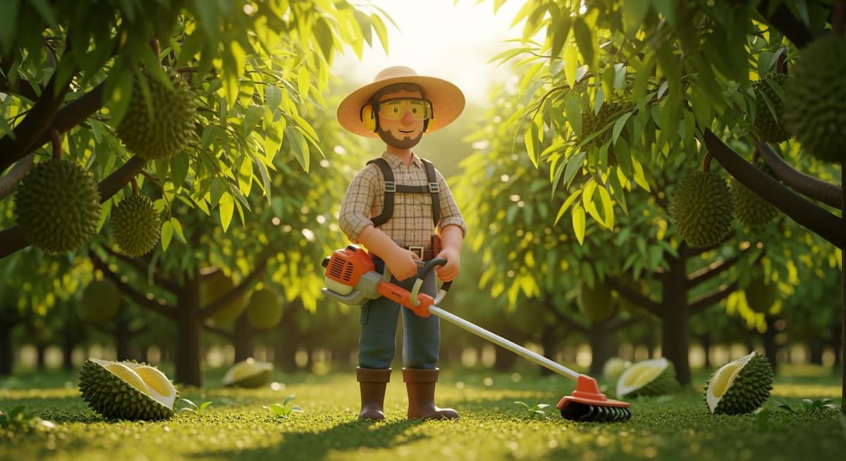 Minh họa nhân vật nông dân hiện đại đang chăm sóc vườn sầu riêng bằng máy cắt cỏ cầm tay