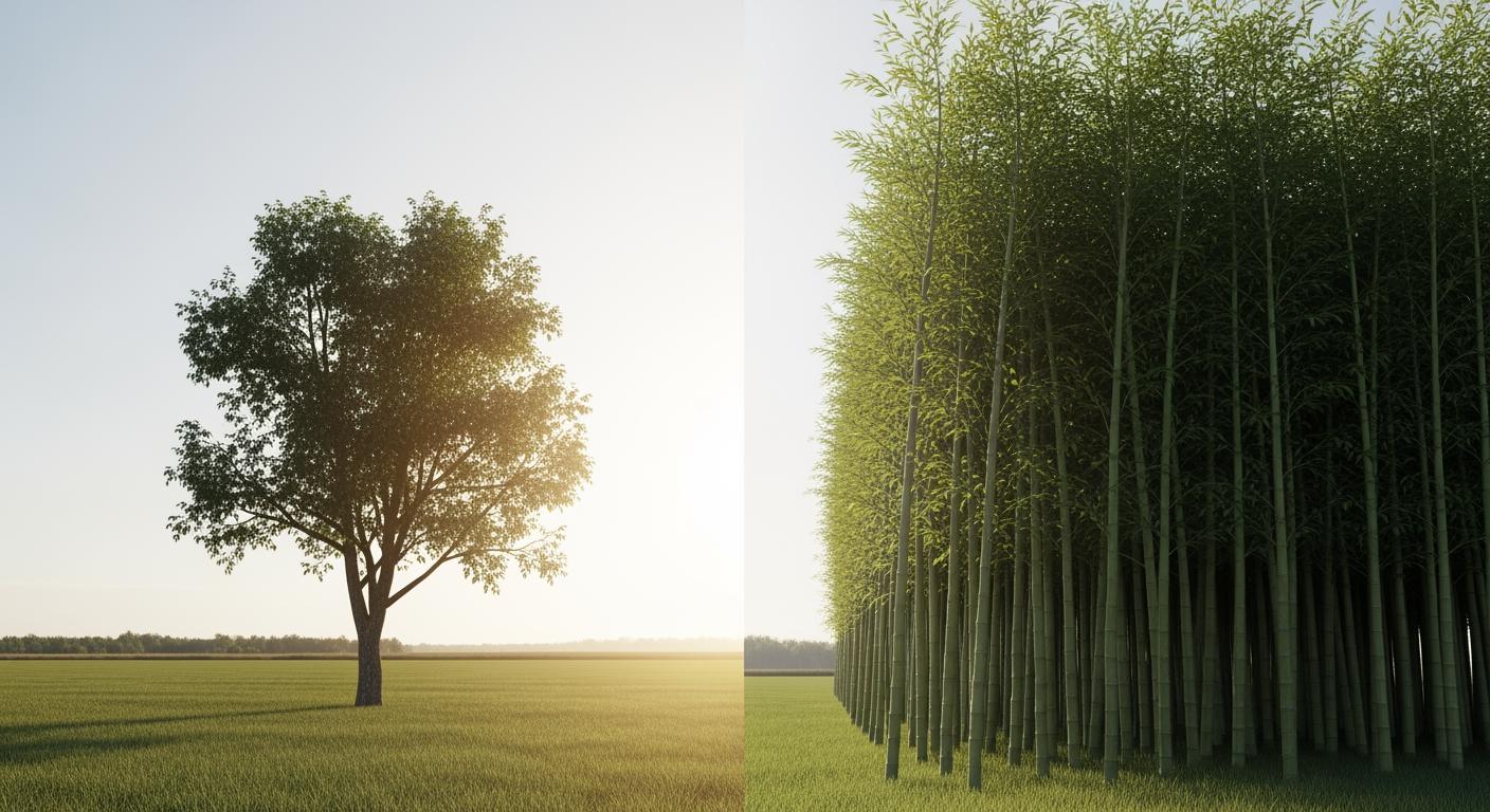 Hình ảnh minh họa so sánh mô hình hộ kinh doanh cá thể (cây độc mộc) và hợp tác xã kiểu mới (rừng tre) trong nông nghiệp.