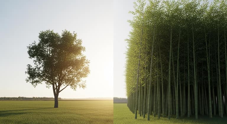 Hình ảnh minh họa so sánh mô hình hộ kinh doanh cá thể (cây độc mộc) và hợp tác xã kiểu mới (rừng tre) trong nông nghiệp.