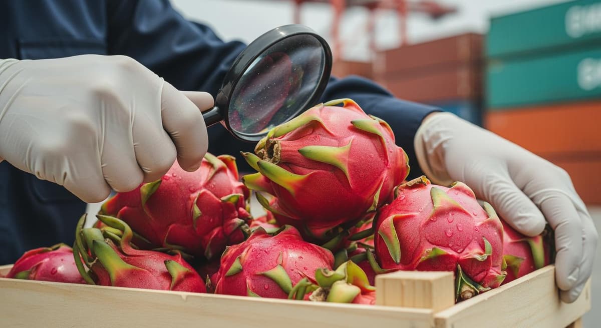 Cán bộ kiểm dịch thực vật đang kiểm tra trái cây tươi tại cảng xuất khẩu