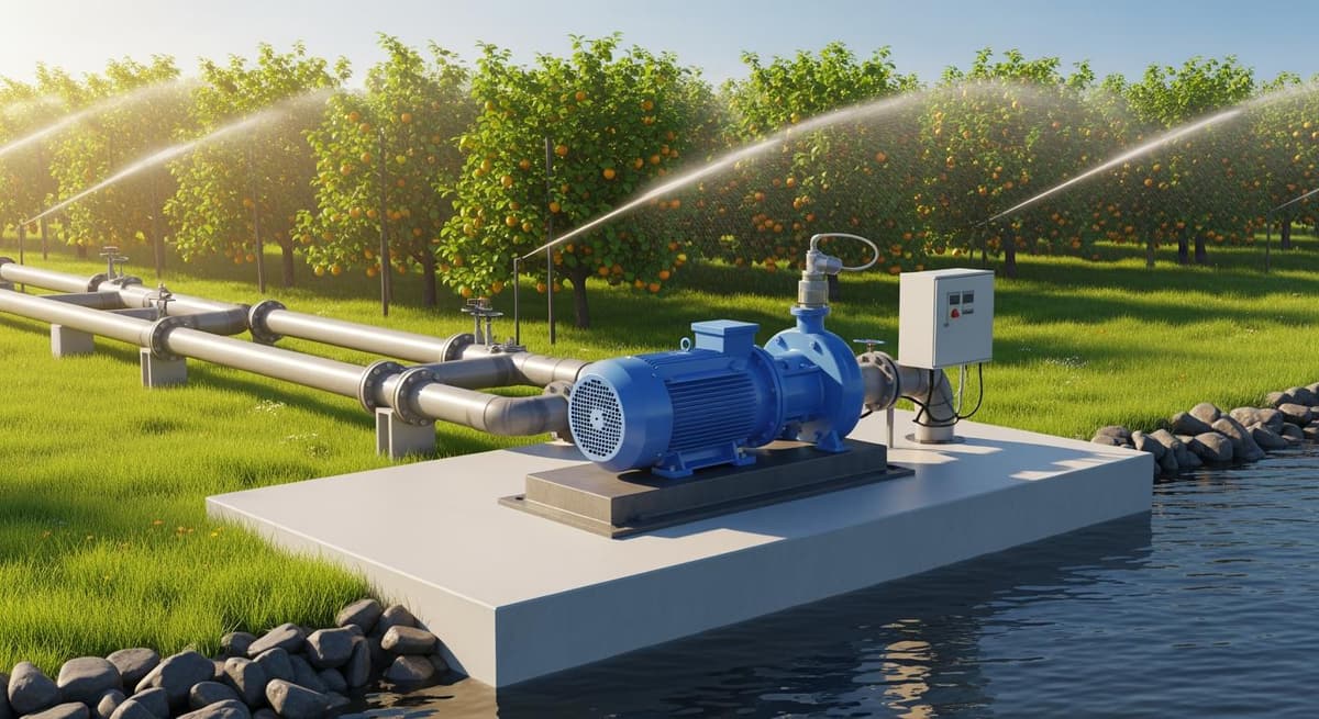 Máy bơm ly tâm trục ngang lắp đặt cạnh kênh mương với hệ thống béc tưới phun mưa