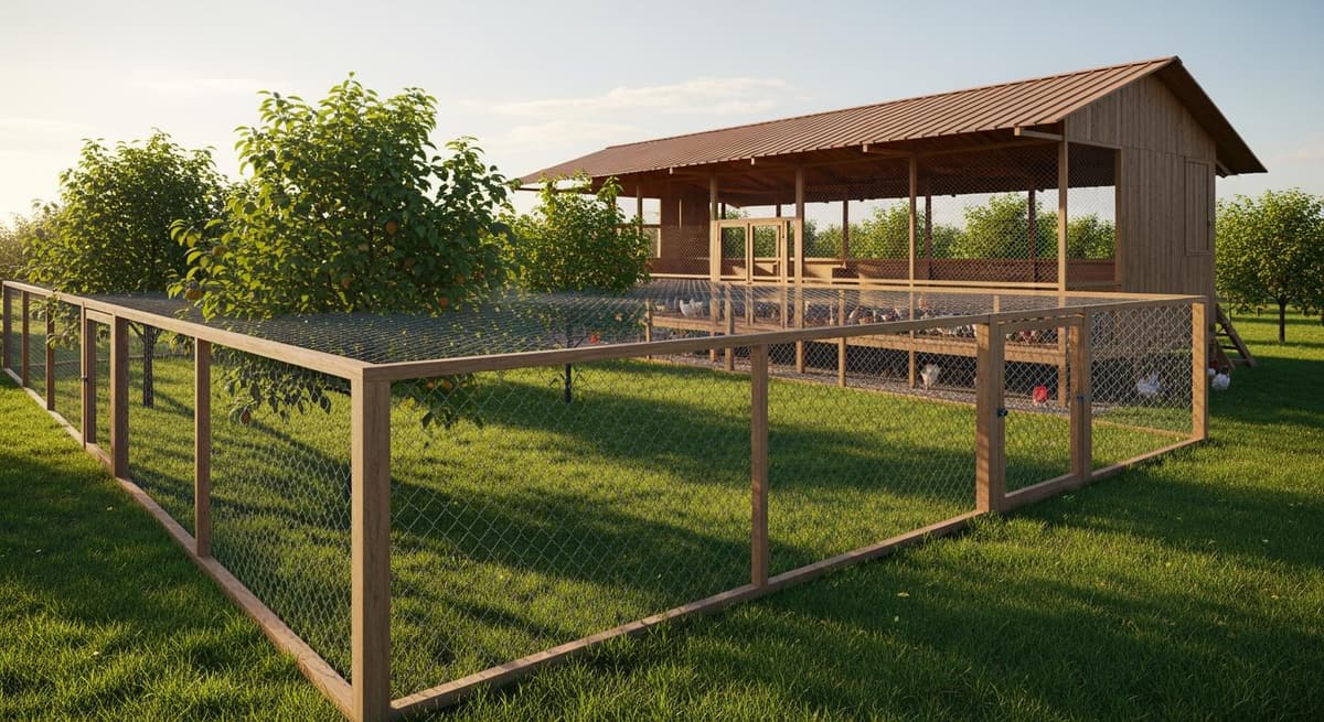 Hệ thống chuồng trại hiện đại và rào chắn cho mô hình nuôi gà thả vườn